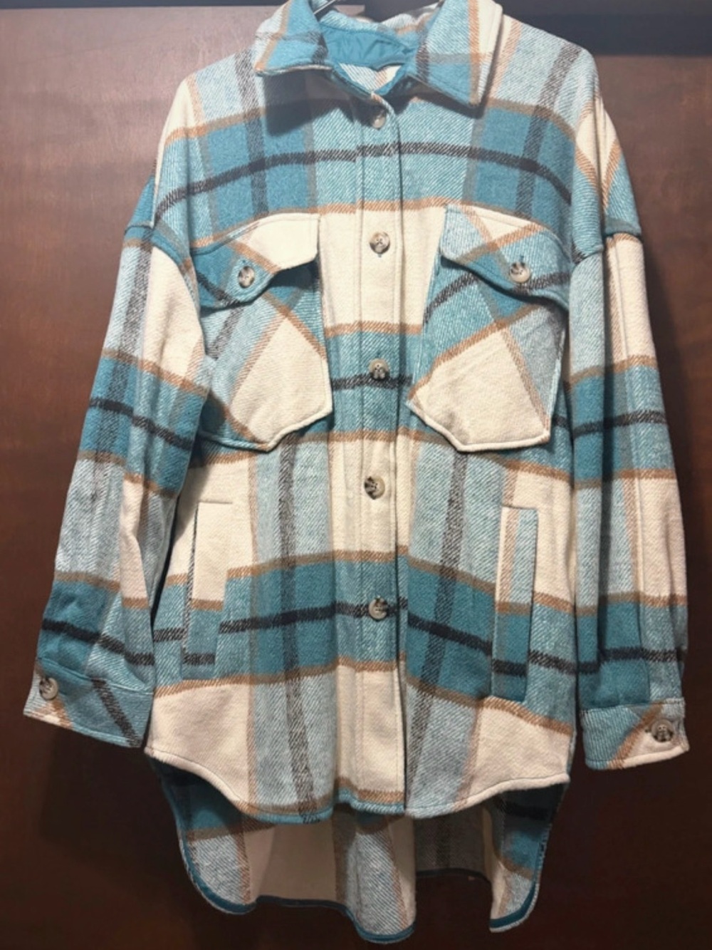 SO Teal, Cream & Brown Plaid Teddy Shacket